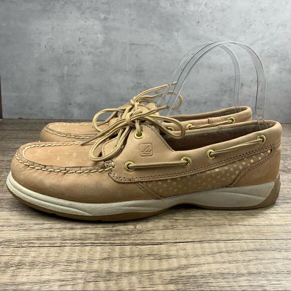 Sperry Top-Sider “Intrepid” Women's Leather~Dot Linen/Gold~Boat Shoes~Size 7.5 - Picture 1 of 11